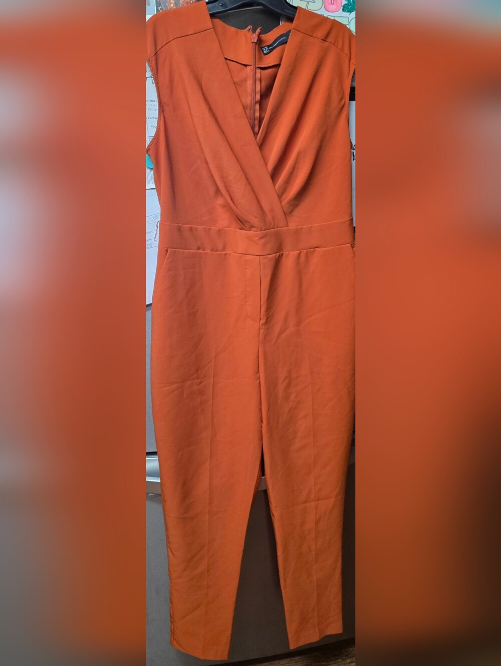 New York & Company Burnt Orange Sleeveless Surplice Jumpsuit